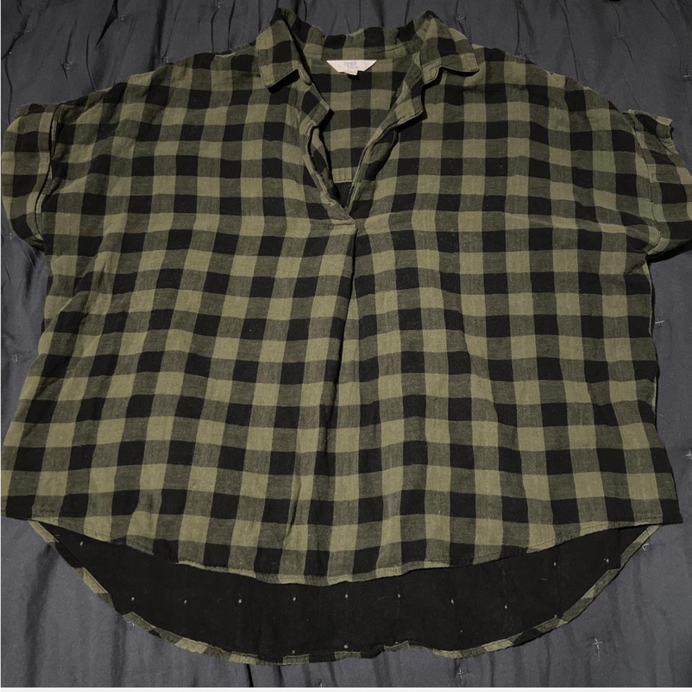 Time and Tru Green and Black Checkered Blouse